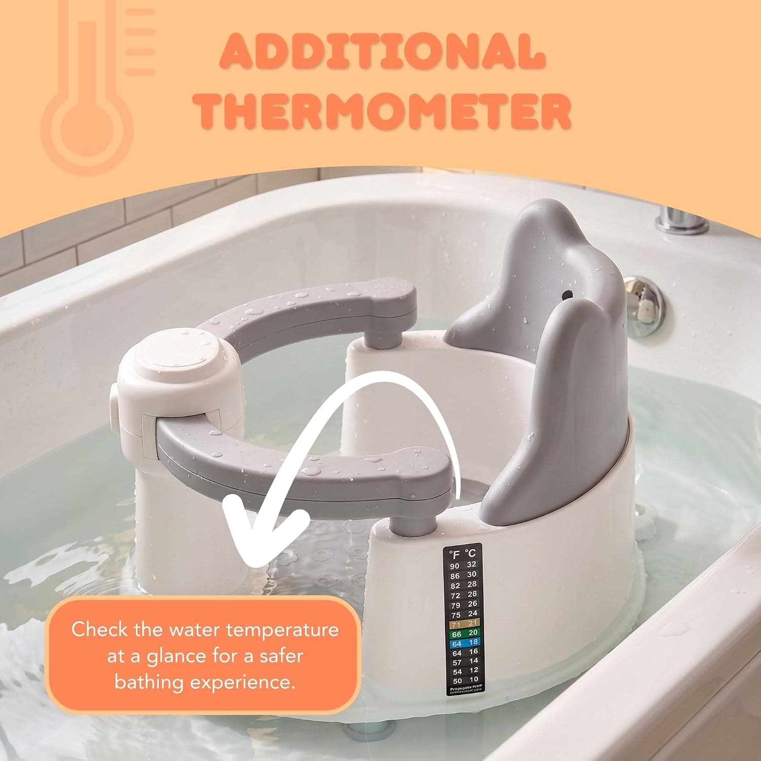 Siège de bain avec autocollant thermomètre, gris